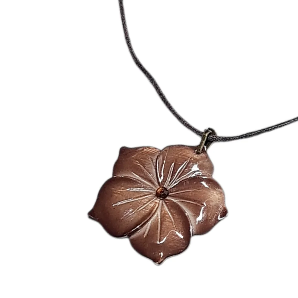 Brown Glass Flower Pendant Necklace with Pink Rhinestone on Brown Cord | NWOT